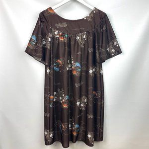VTG 70s Women's Brown Floral Koi Babydoll Dress